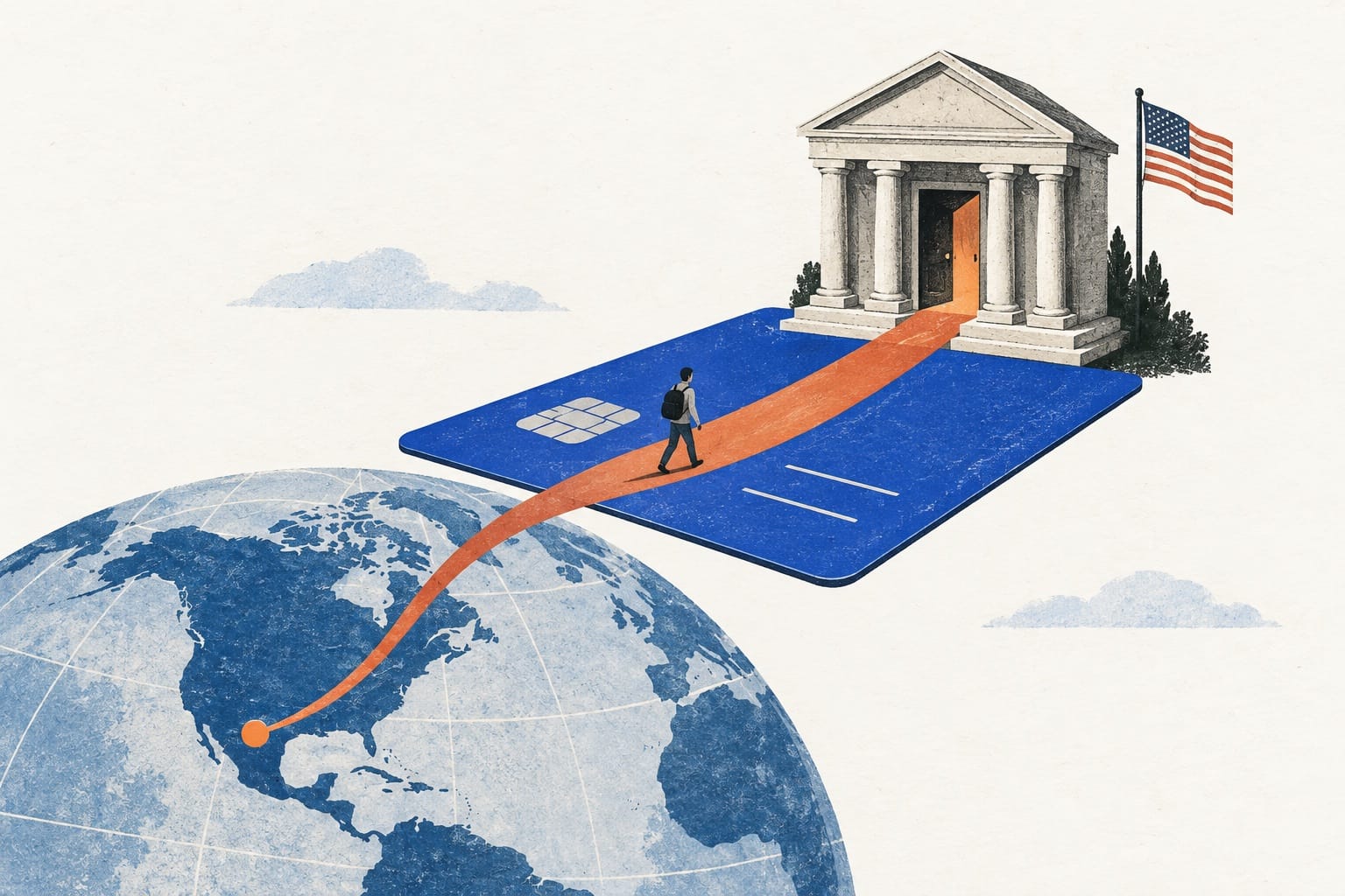 An orange path crosses a blue bank card from a globe to a US bank.