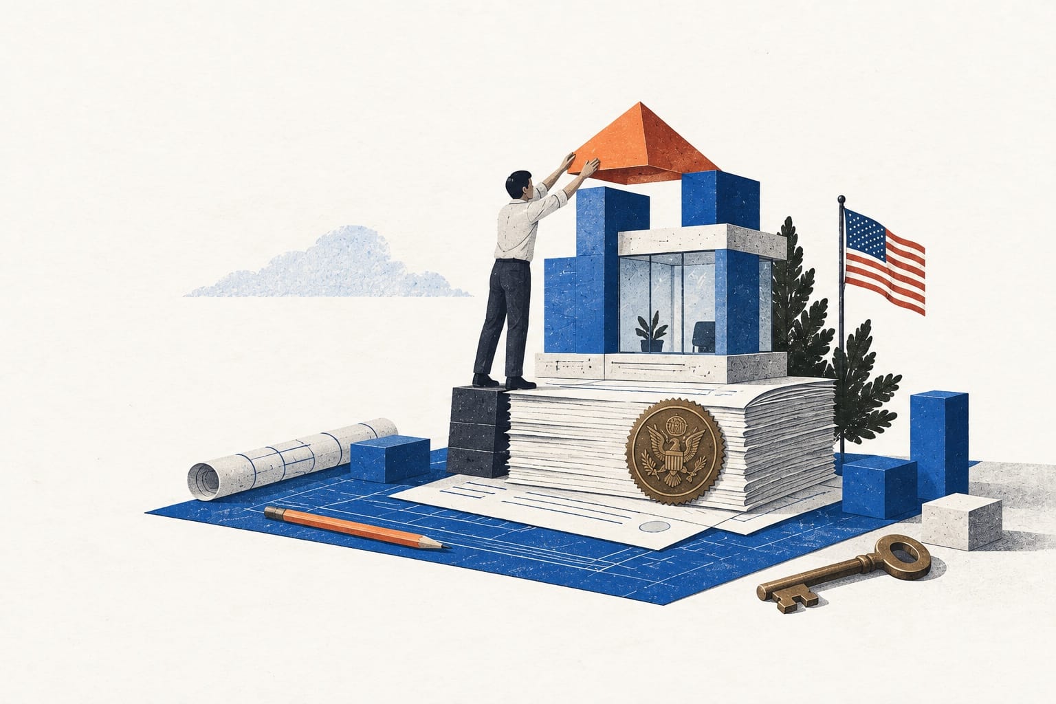 A founder places an orange roof on a small company structure built on official documents, beside a key and a US flag.